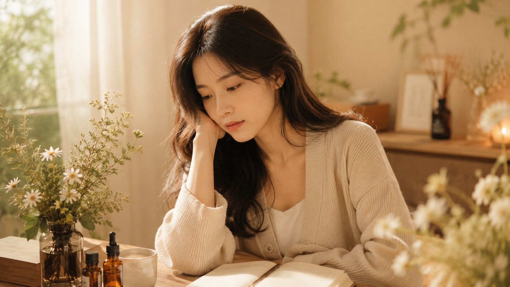 女生闭眼感受香气，象征重新认识自己
