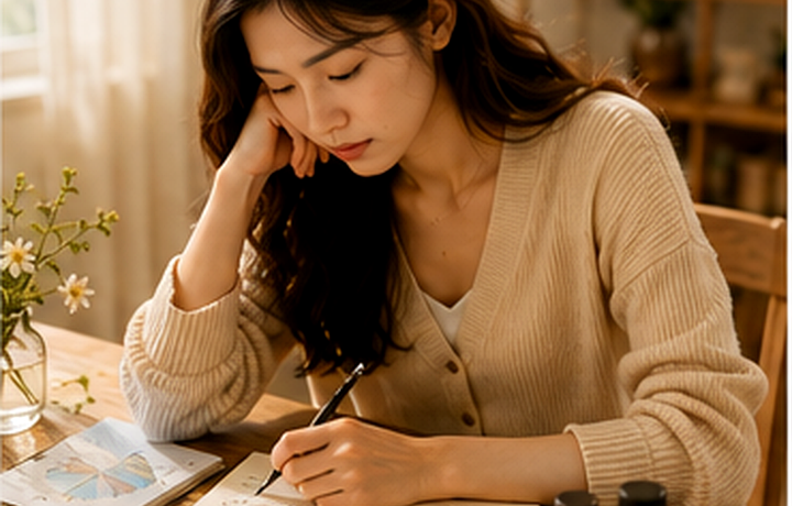 女生在笔记本前安静觉察当下烦恼
